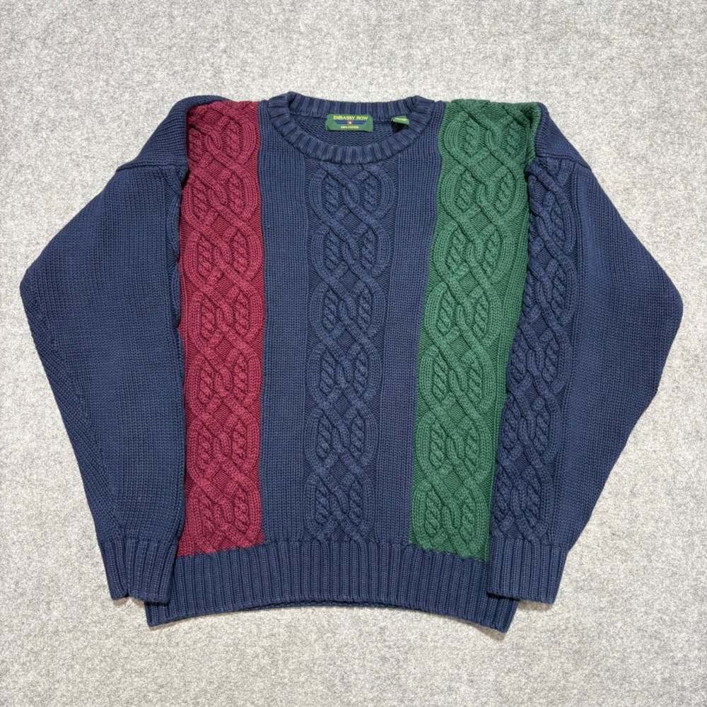 Embassy Row Vintage Mens Large Colorblock Cable Knit Cotton Sweater Navy Red